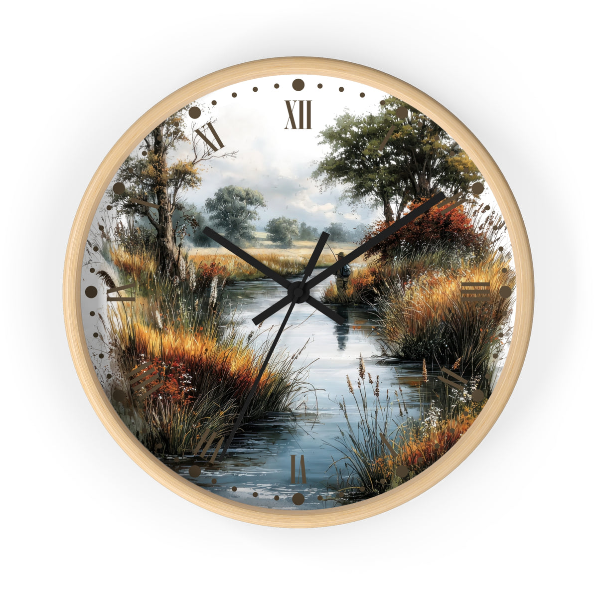 Round wall clock with a light wood frame and a scenic landscape print featuring a river, trees, reeds, and a cloudy sky. The clock face includes black Roman numerals and black hands, shown against a plain white background.