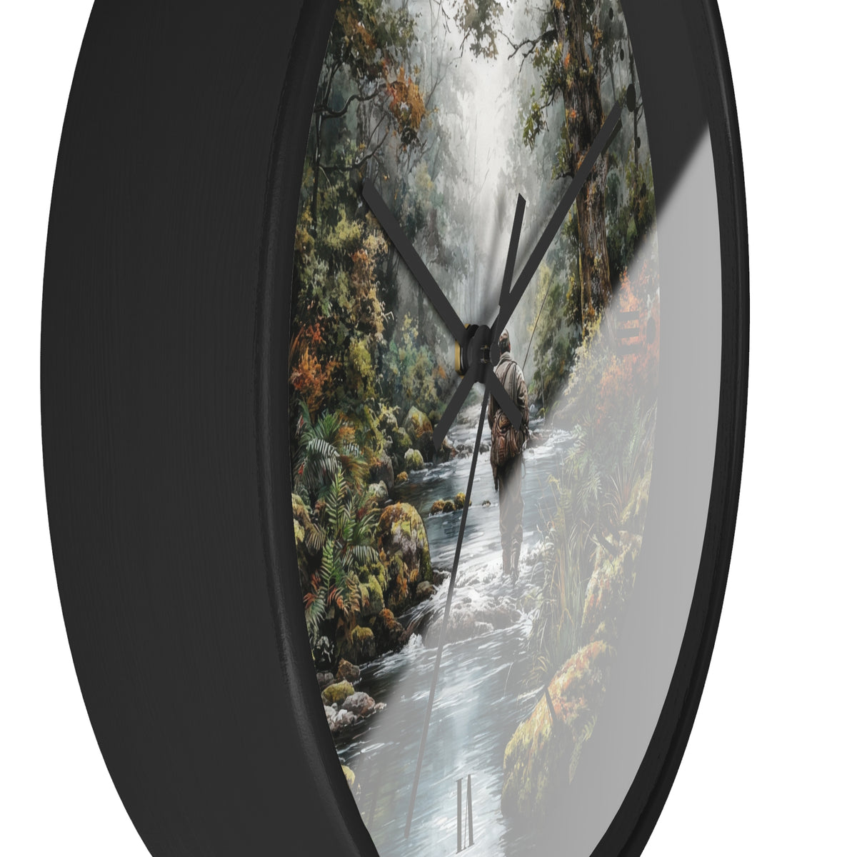 A round wall clock with a black frame and a printed nature scene on the face showing a forest stream, waterfall, and waterfall cascades, photographed against a white background.