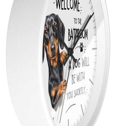 Peeking Dachshund Bathroom Wall Clock — Funny Dog Will Be With You Shortly
