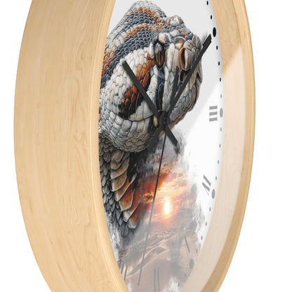 A close-up of a round wall clock with a light natural wood frame and a printed face showing a detailed snake head over a desert sunset scene.