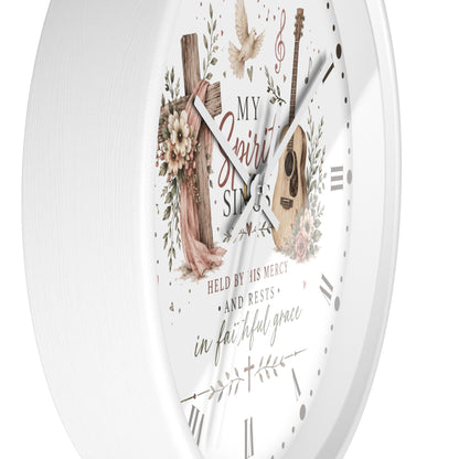 My Spirit Sings Religious Wall Clock — Faith-Inspired Guitar & Cross Home Decor