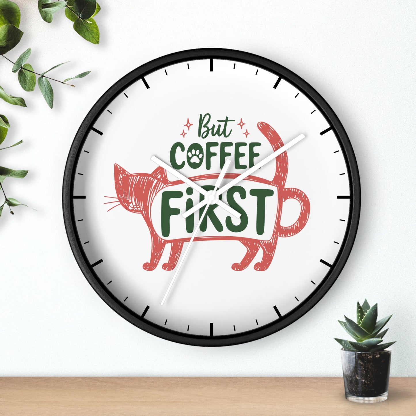 But Coffee First Coffee Cat Wall Clock | Cute Hand Drawn Kitchen Decor