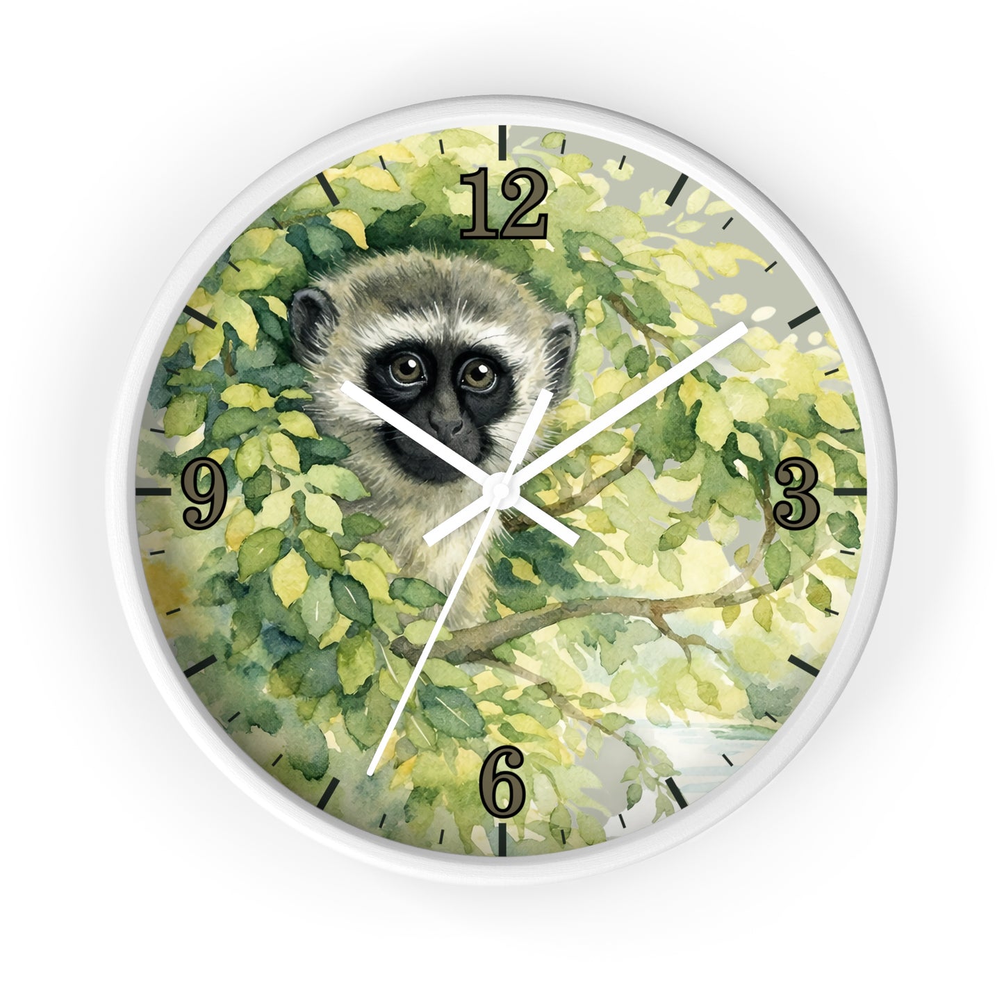 Round wall clock with a white frame and a printed illustration of a vervet monkey among green leaves, with black Arabic numerals and white clock hands on a white background.