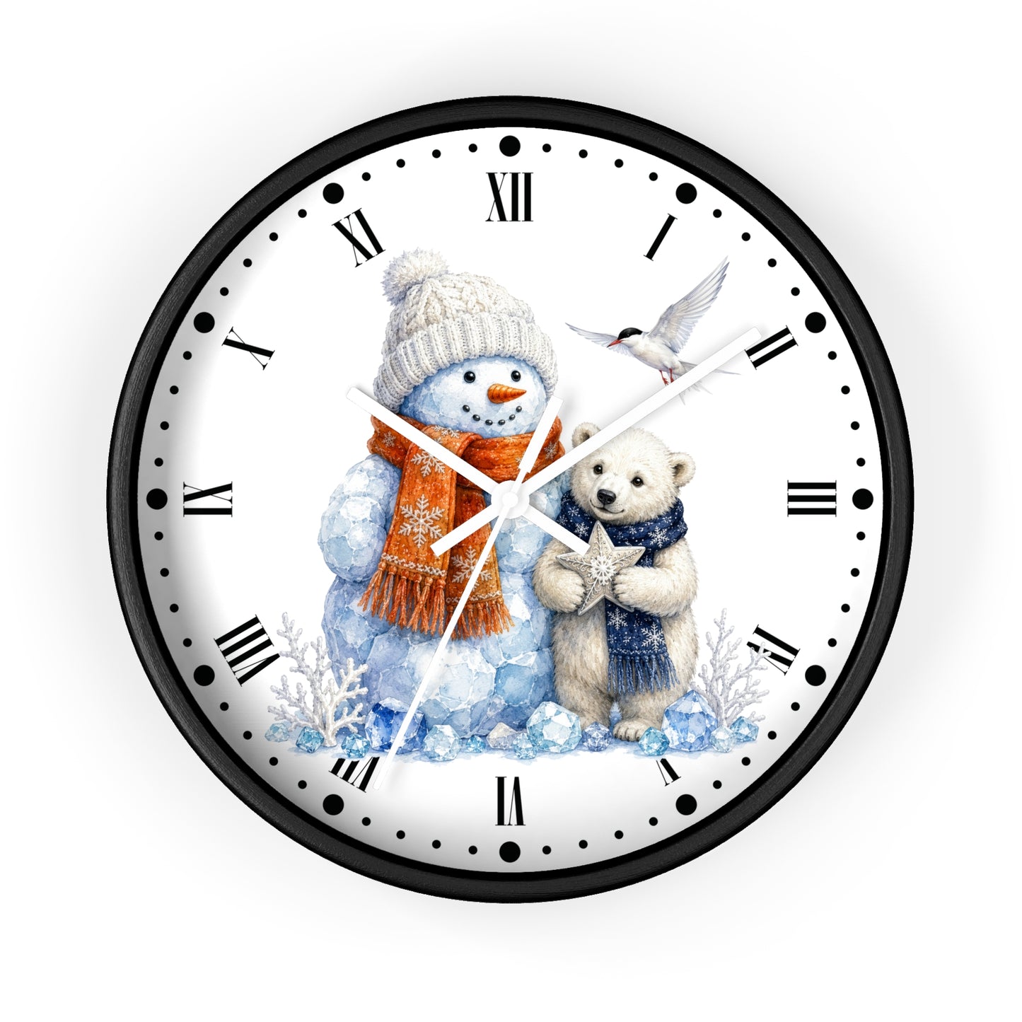 A round wall clock with a black frame and a white face featuring a winter illustration of a snowman in a beige hat and orange scarf, a polar bear in a blue sweater, and a small bird, with black Roman numerals and white hands.