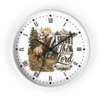 Rustic Elk Wall Clock – “I Sought The Lord” Psalm 34:4 Christian Home Decor