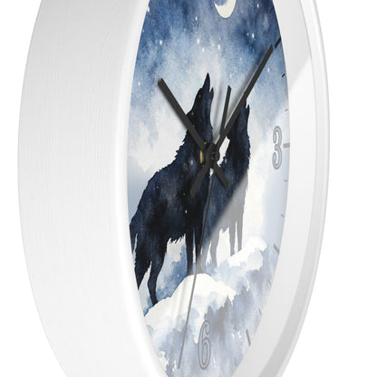 Round wall clock with a white frame and a printed face showing two black wolves howling at a moonlit sky with stars and a crescent moon.
