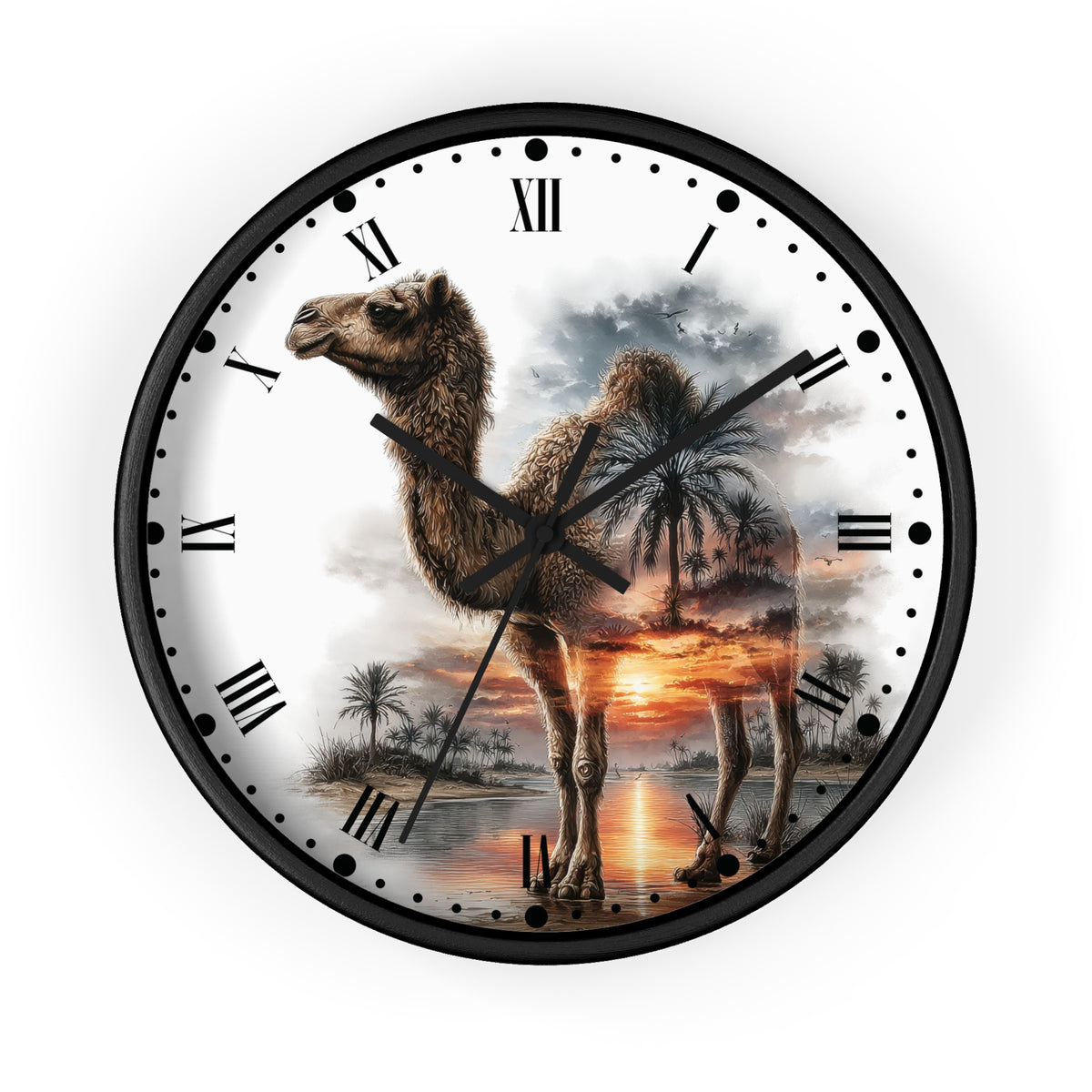 Round wall clock with a black frame and Roman numerals, featuring a printed design of a camel standing in a desert landscape with a sunset over water.