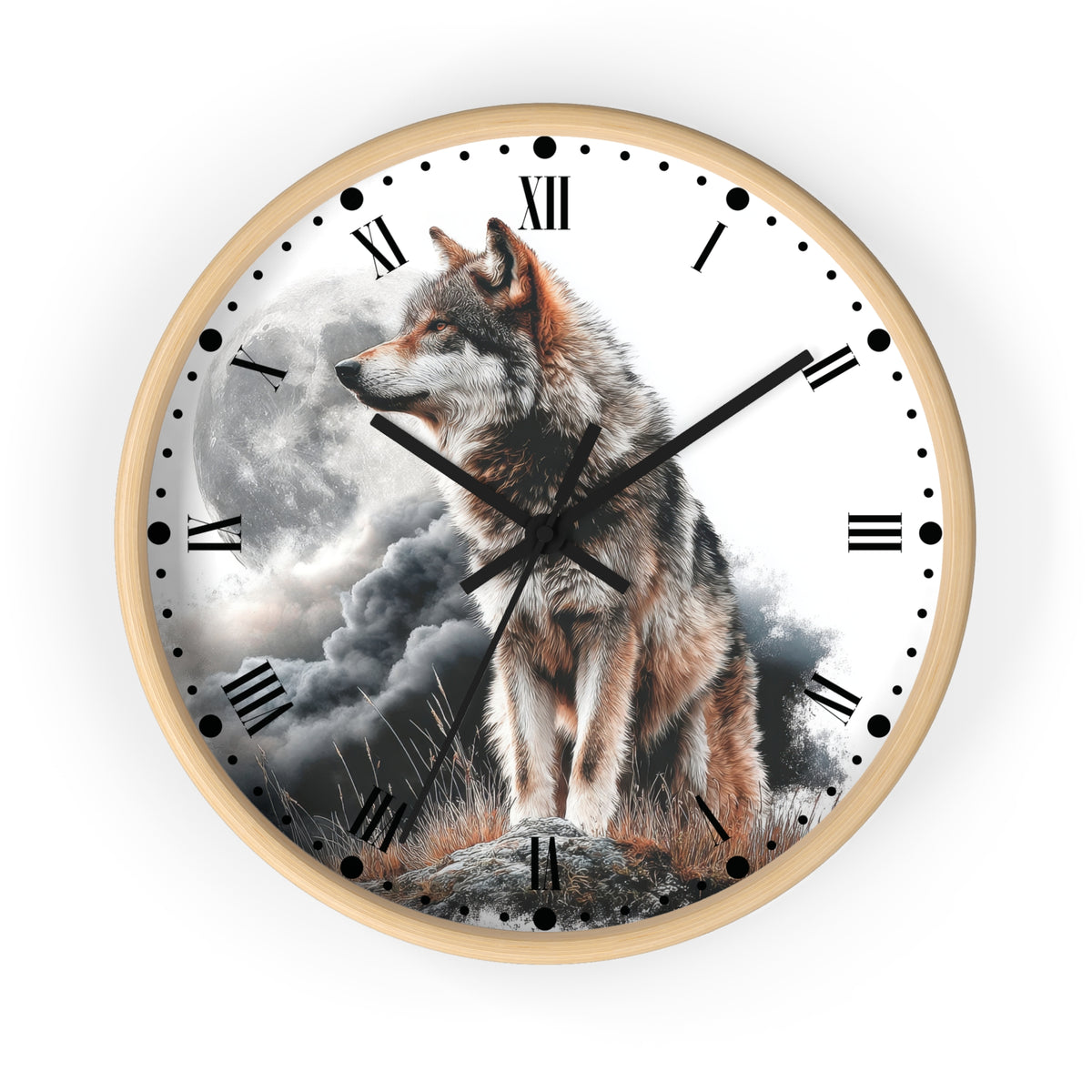 Round wall clock with a light wood frame and a printed wolf scene on the face, featuring black Roman numerals, black clock hands, and a white background around the artwork.