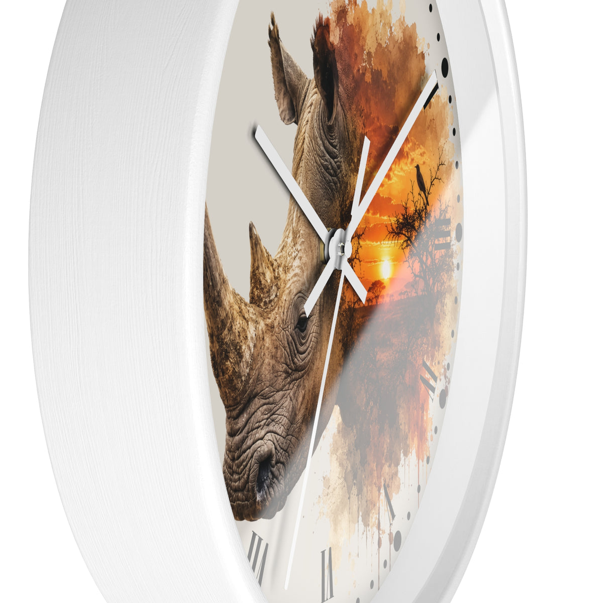 Rhino Sunset Wall Clock with Roman Numerals — Safari Wildlife Decor