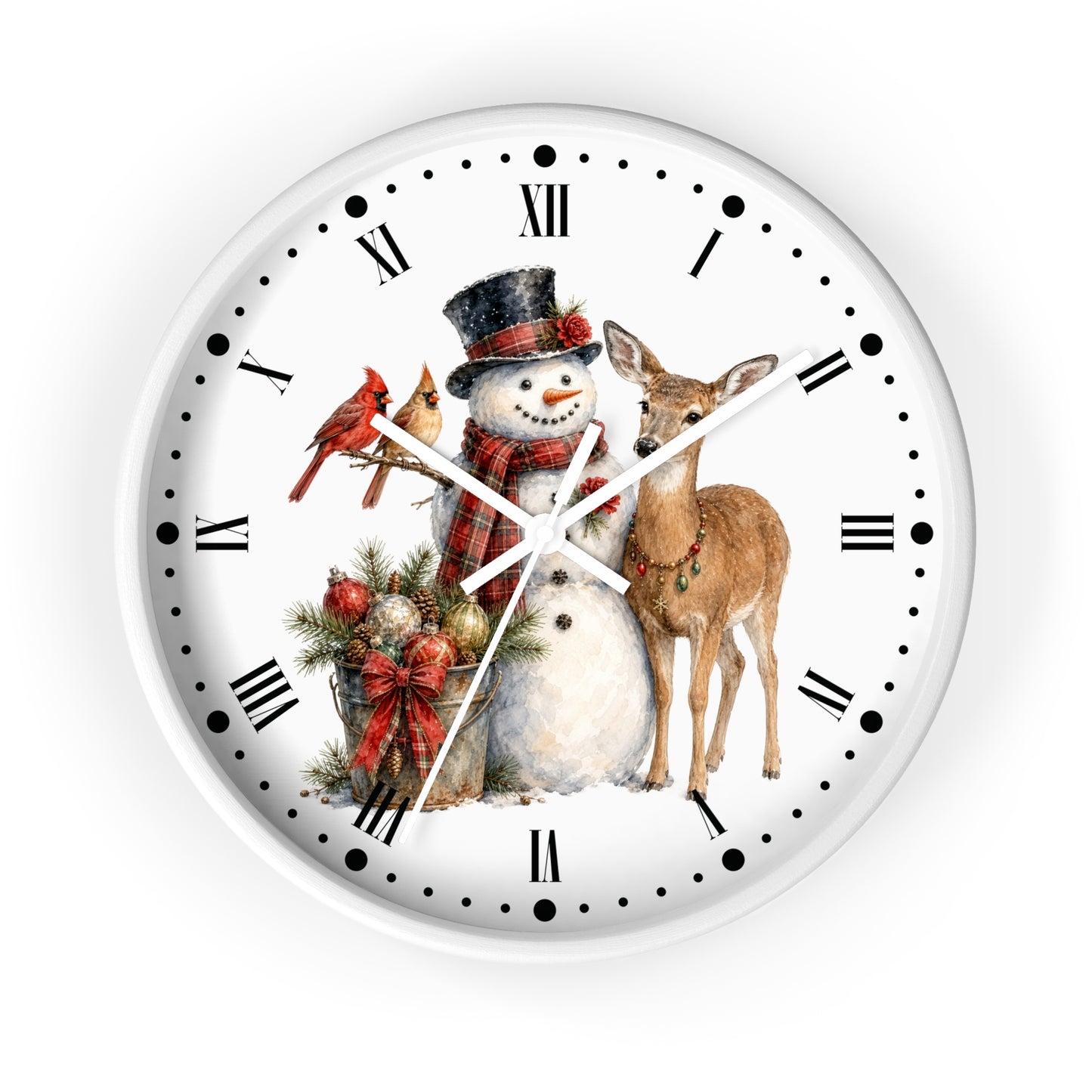 A round white wall clock with black Roman numerals and dot hour markers, featuring a festive Christmas illustration on the face with a snowman, deer, bird, and evergreen branch.