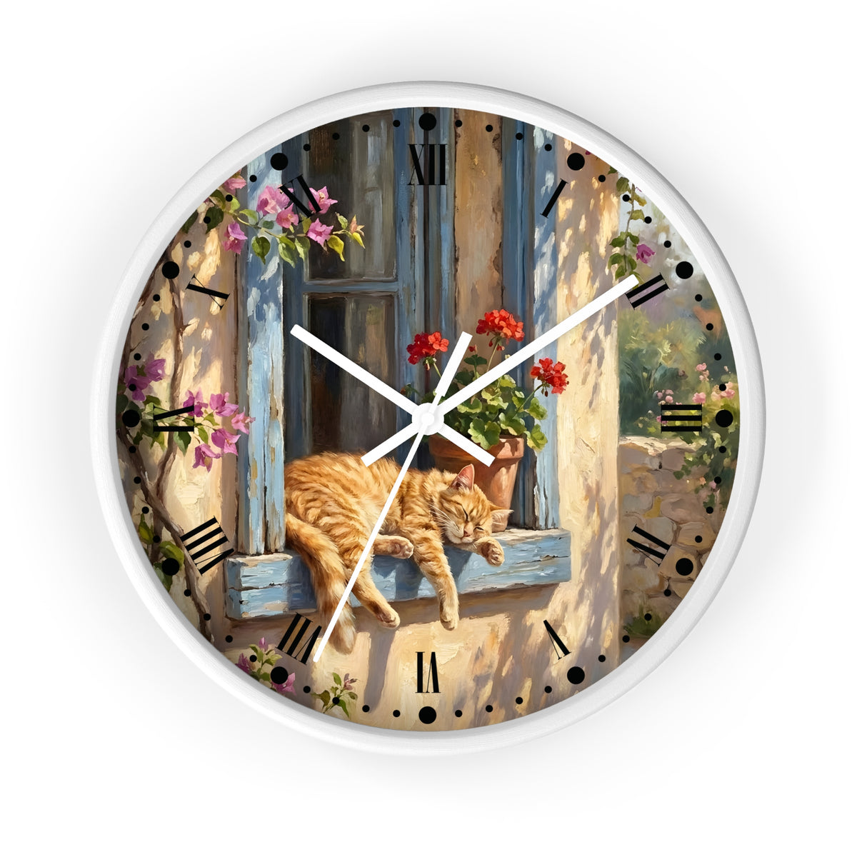 Round wall clock with a white frame and a printed illustration of an orange tabby cat sleeping on a blue window sill, surrounded by flowers and Roman numerals.