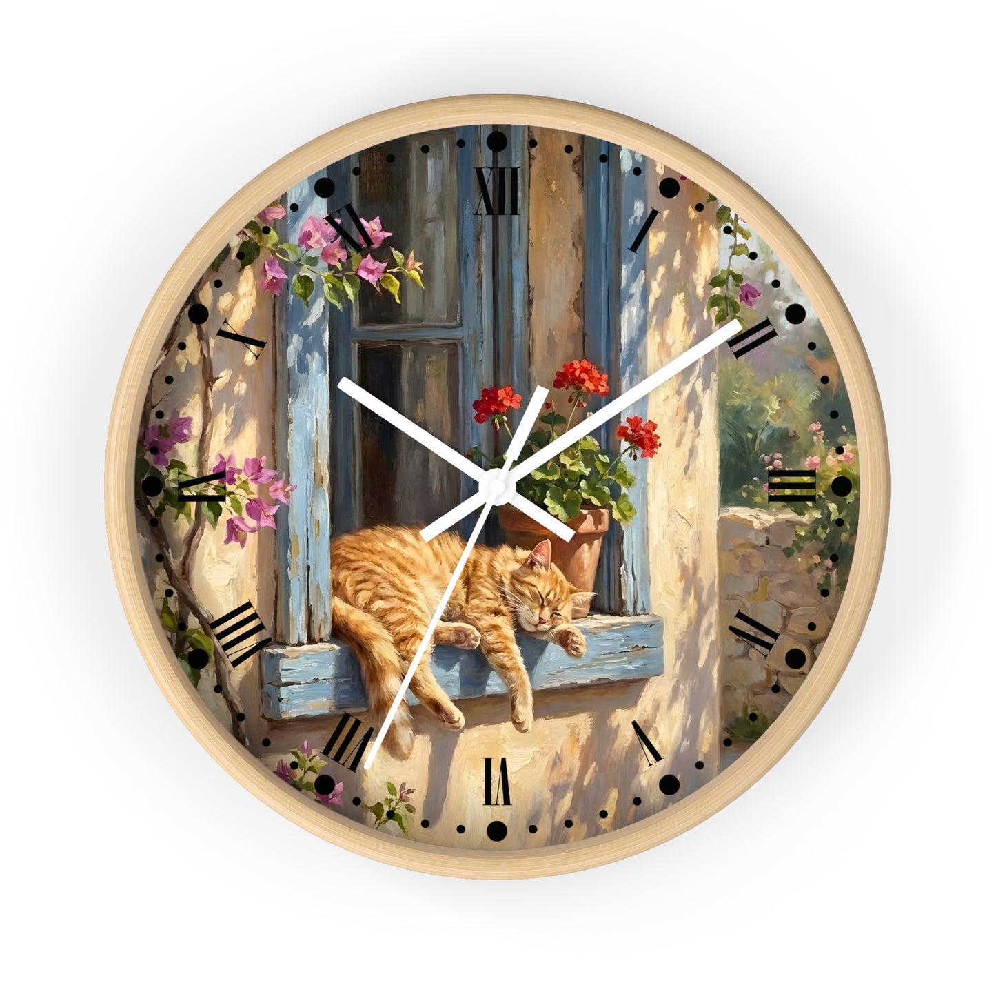 Round wall clock with a light wood frame and a printed illustration of an orange tabby cat sleeping on a blue window sill with red flowers, set against a clean white background.