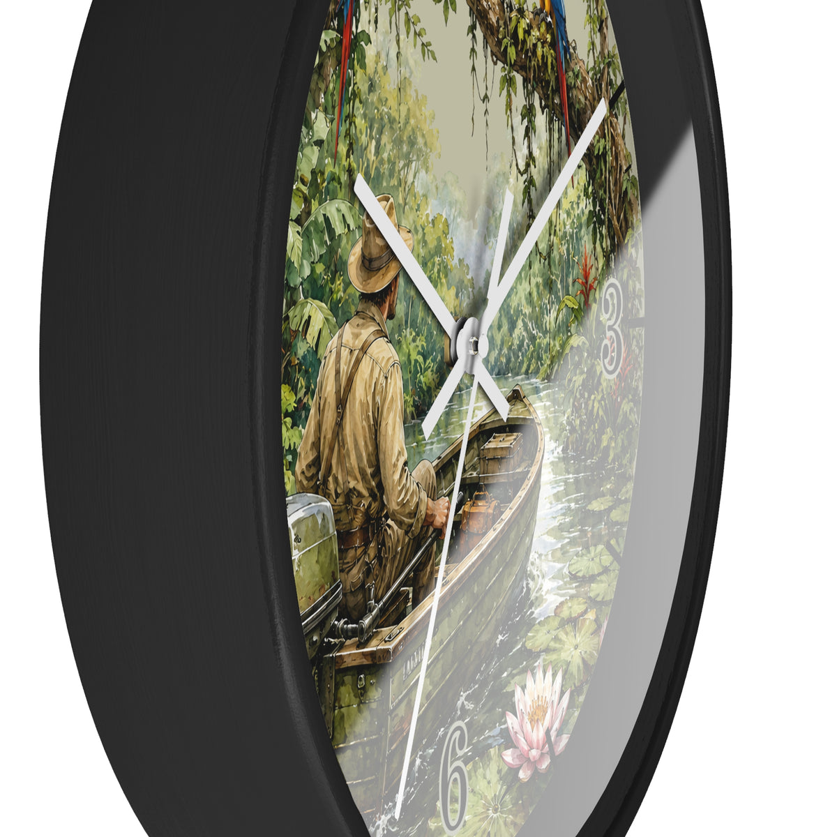 Round wall clock with a black frame and a printed scenic dial showing a man in a boat on a river surrounded by lush green foliage. The clock has white hands and a thin second hand, photographed against a plain white background.