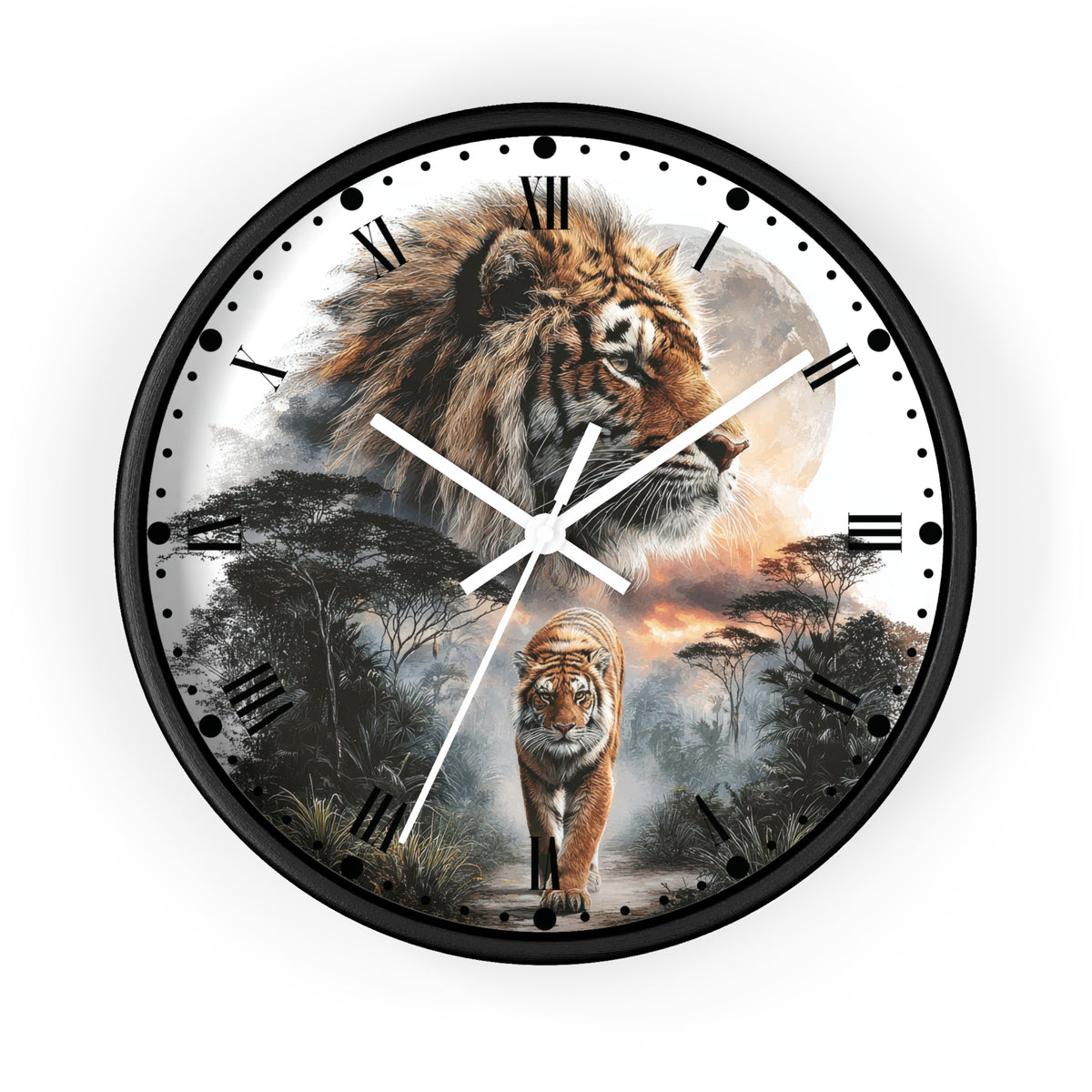 A round wall clock with a black frame and a printed safari design featuring a large tiger head, a walking tiger, trees, and a moon on a white background. The clock hands are white and the hour markers are black Roman numerals.