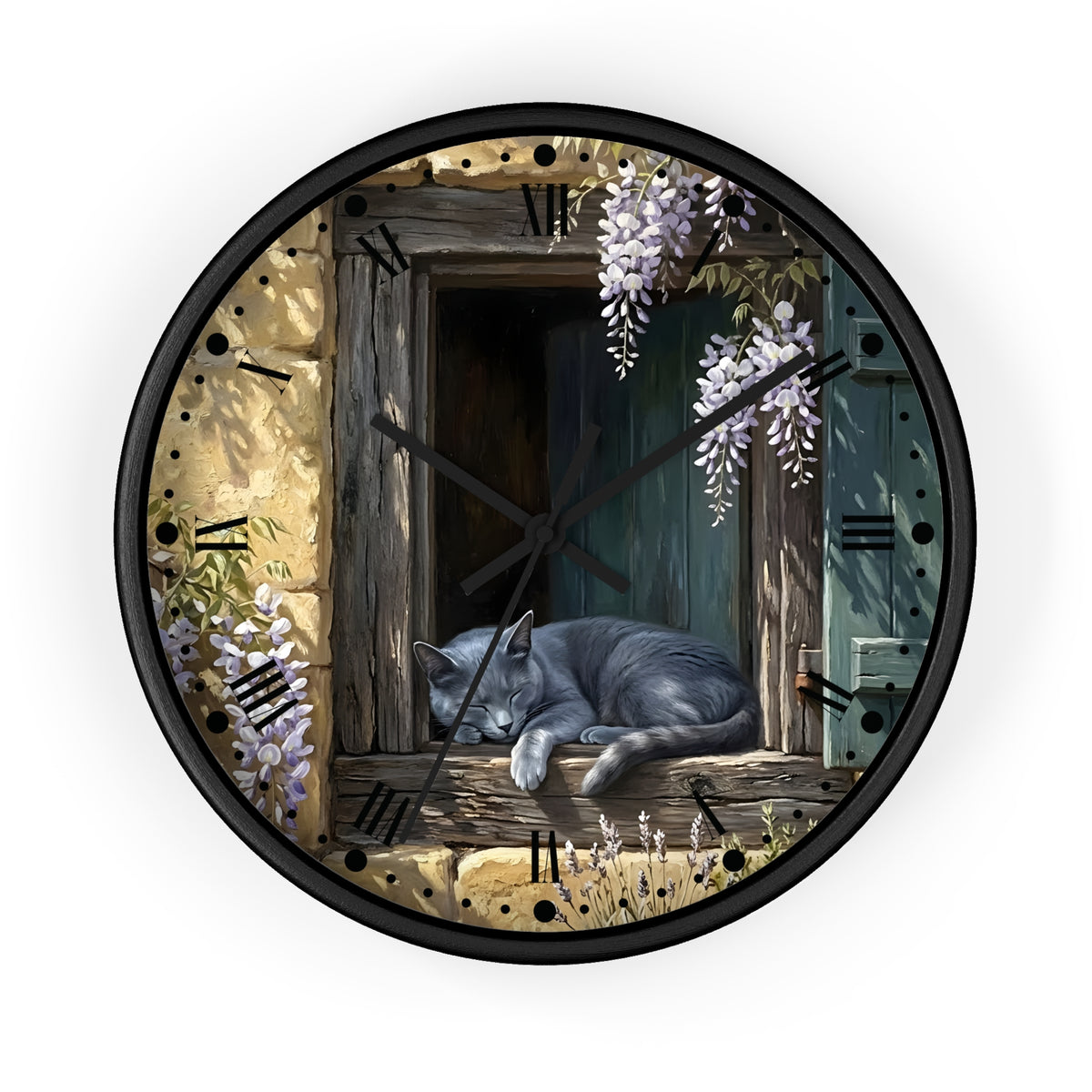 A round wall clock with a black frame and a printed illustration of a gray cat sleeping on a rustic wooden windowsill, surrounded by wisteria flowers and stone wall details. The clock is shown against a plain white background.