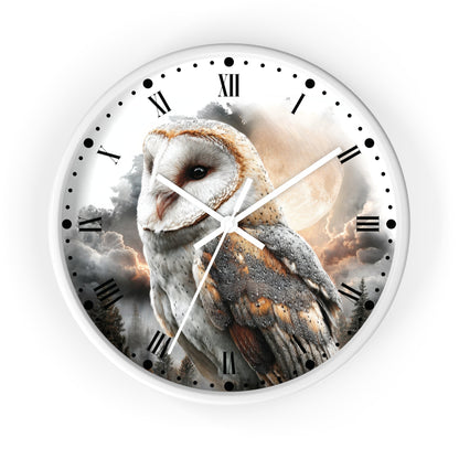 A round wall clock with a white frame and Roman numerals, featuring a printed design of a barn owl in front of dramatic clouds and a glowing moon.