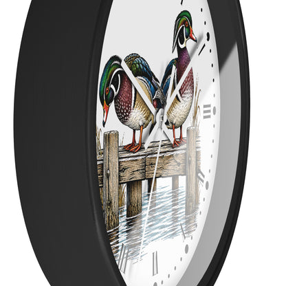 Wood Ducks on Pier Wall Clock — Rustic Bird Decor for Nature Lovers