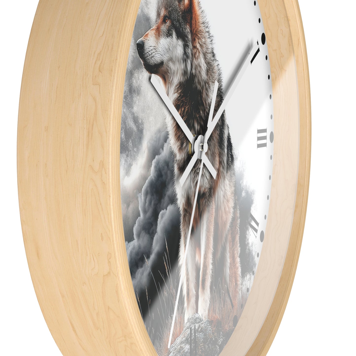 Round wall clock with a light natural wood frame and a printed wolf illustration on the face, shown against a plain white background.