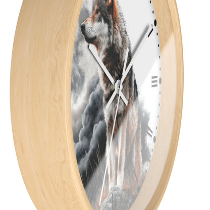 Round wall clock with a light natural wood frame and a printed wolf illustration on the face, shown against a plain white background.