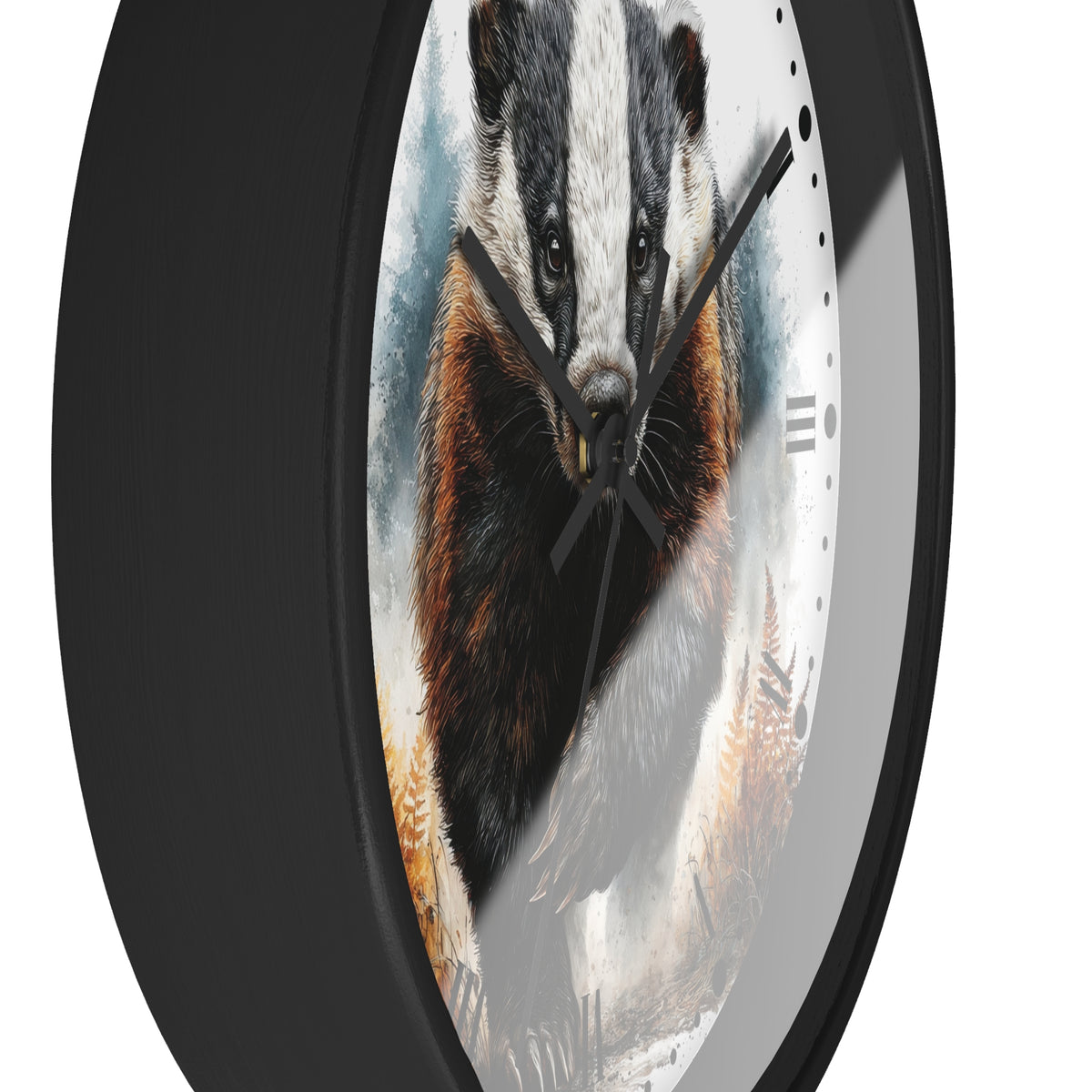 A round wall clock with a black frame and a printed design of a badger on the face, shown against a plain white background.