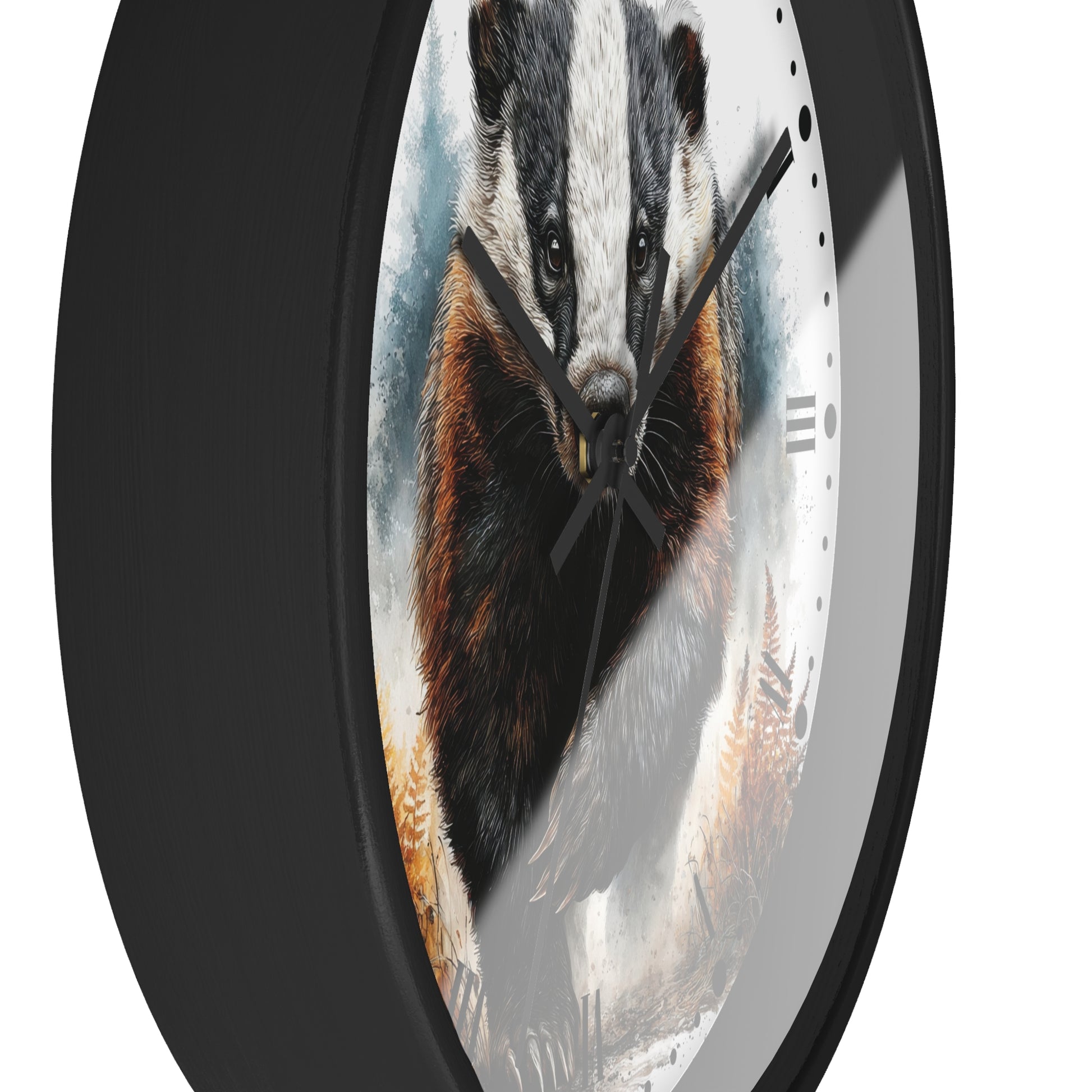 A round wall clock with a black frame and a printed design of a badger on the face, shown against a plain white background.