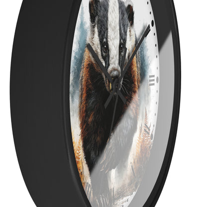 A round wall clock with a black frame and a printed design of a badger on the face, shown against a plain white background.