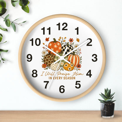 Autumn Wall Clock — "I Will Praise Him in Every Season" Fall Pumpkin Floral Decor