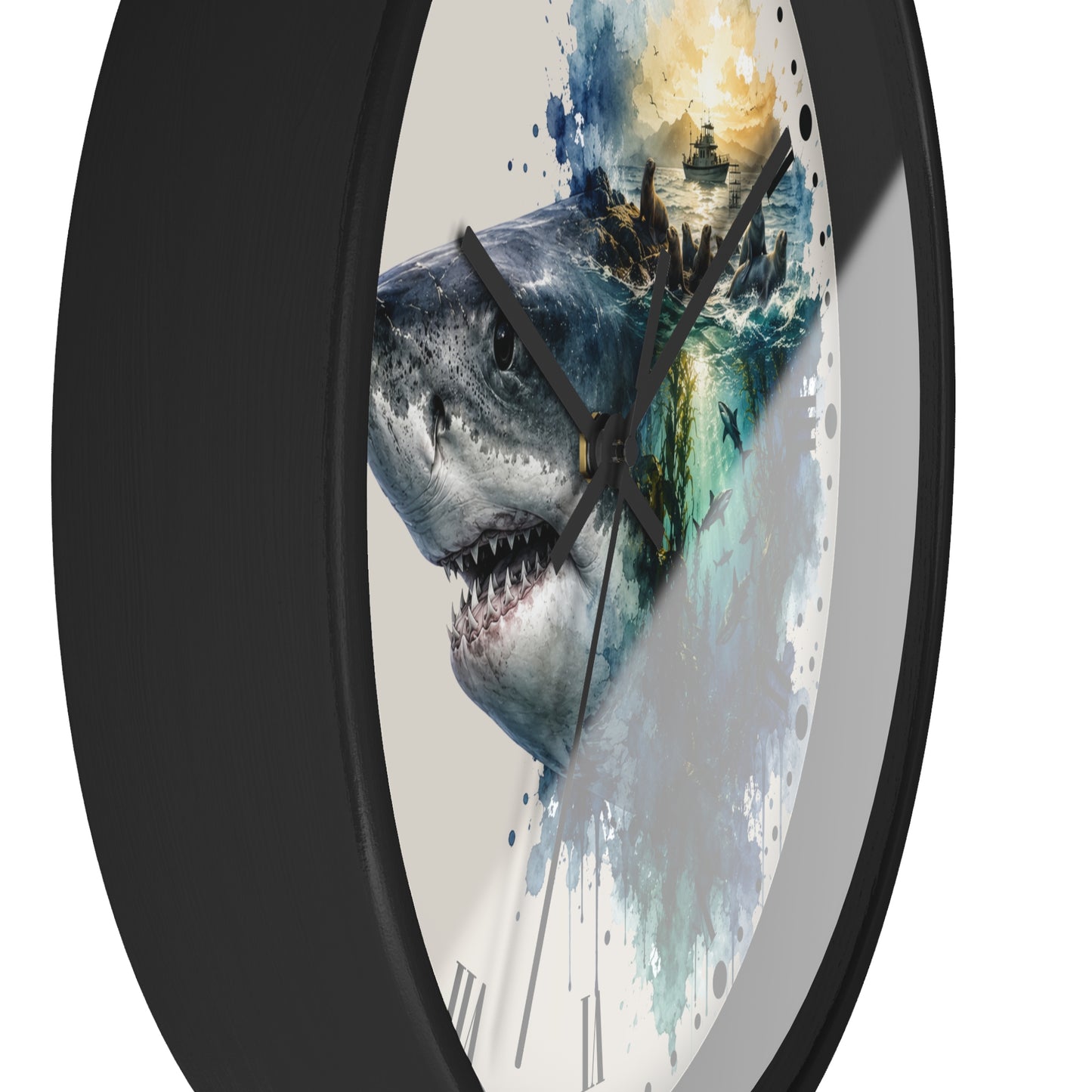 Ocean Shark & Seals Wall Clock — Watercolor Ship Nautical Art Decor