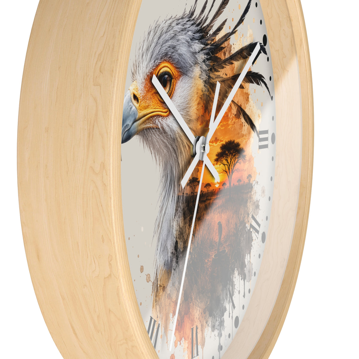 Oval wall clock with a light natural wood frame and a printed bird artwork on the face. The design shows a close-up of a gray and white bird with orange, yellow, and brown feather details, plus black Roman numerals and white hands.