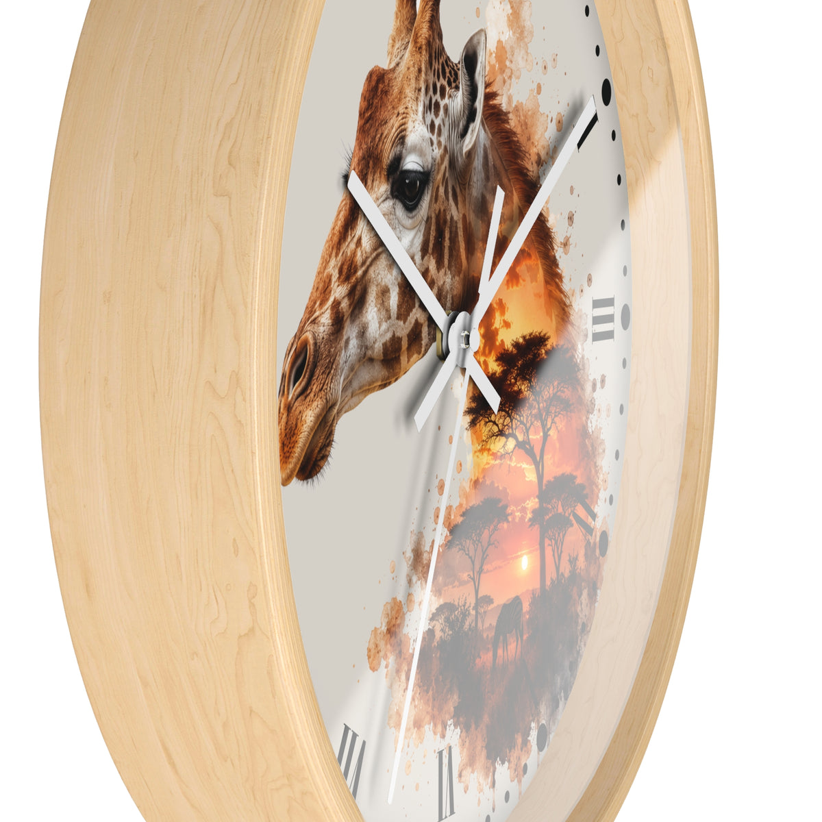 Round wall clock with a light natural wood frame and a printed dial featuring a giraffe head over an orange sunset landscape, with white clock hands and black Roman numerals.