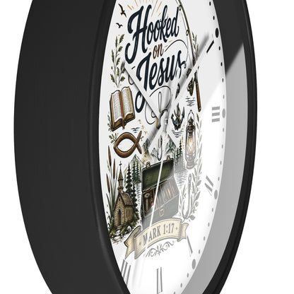 Hooked on Jesus Wall Clock — Christian Fishing & Faith Decor (Mark 1:17)