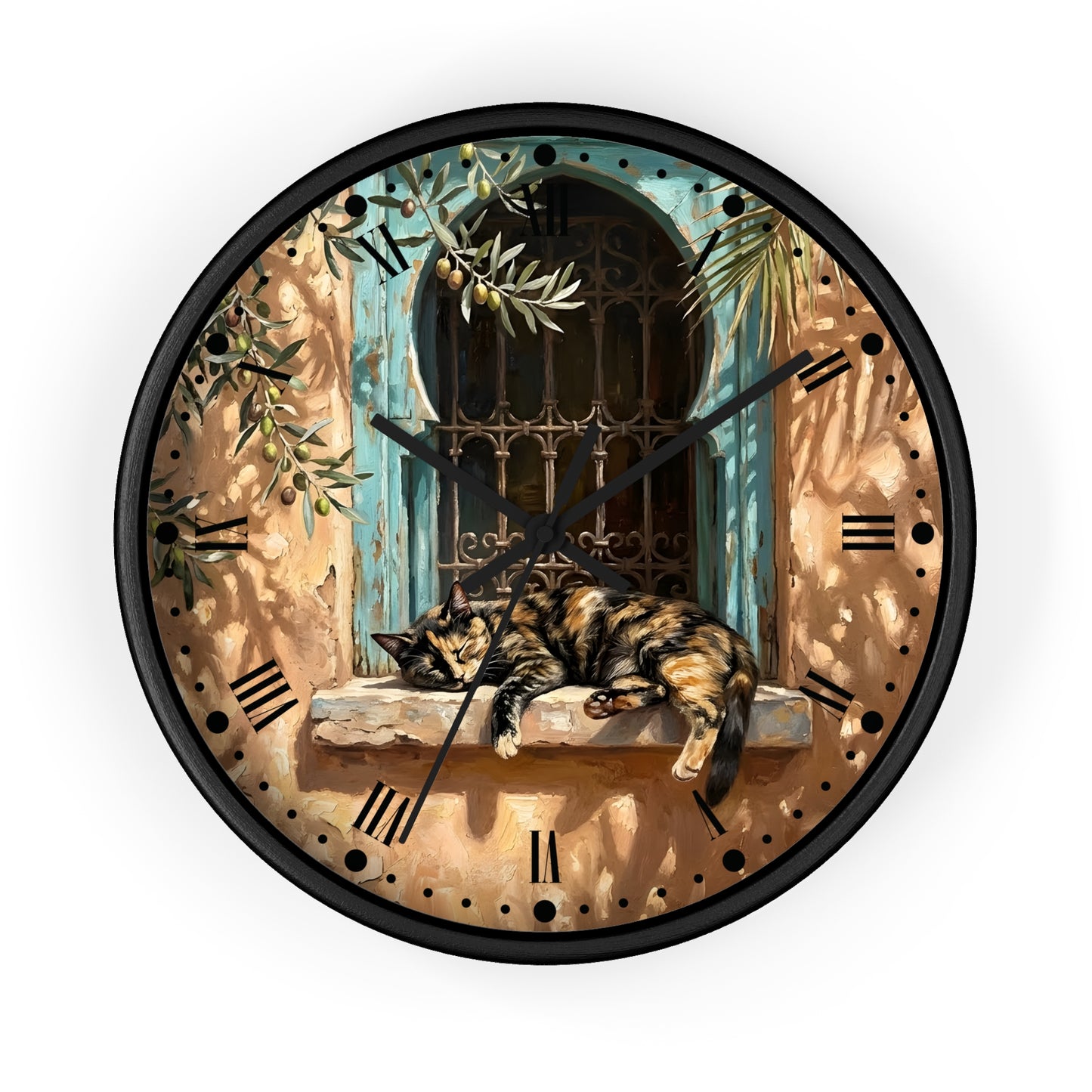 Round wall clock with a black frame and a printed design of a tortoiseshell cat resting on a stone ledge in front of a turquoise window with olive branches.