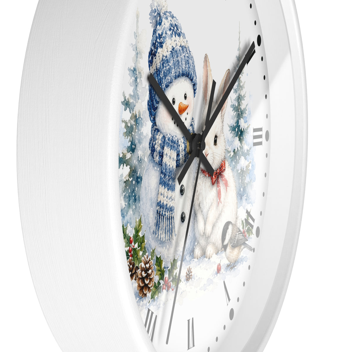 A round white wall clock with a winter illustration on the face, showing a snowman in a blue knit hat and scarf next to a white rabbit in snow, with black hands and Roman numerals.