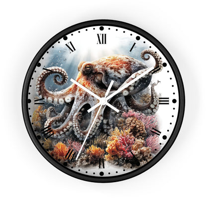 A round wall clock with a black frame and a printed ocean scene featuring a large octopus among coral reefs, with Roman numerals and white hands on a white dial.