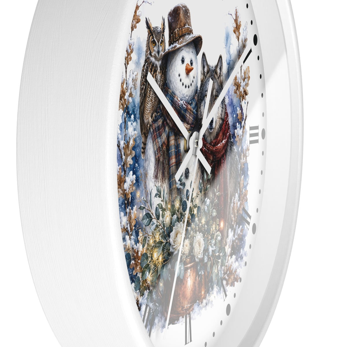 A round white wall clock featuring a winter illustration of a snowman wearing a brown hat and plaid scarf, surrounded by snowy trees , an owl, and wolf, with white clock hands and hour markers.
