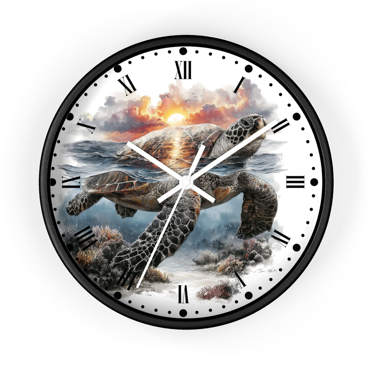 A round wall clock with a black frame and a printed ocean scene featuring a sea turtle swimming toward the sunset. The clock face has Roman numerals and white hands, shown against a plain white background.