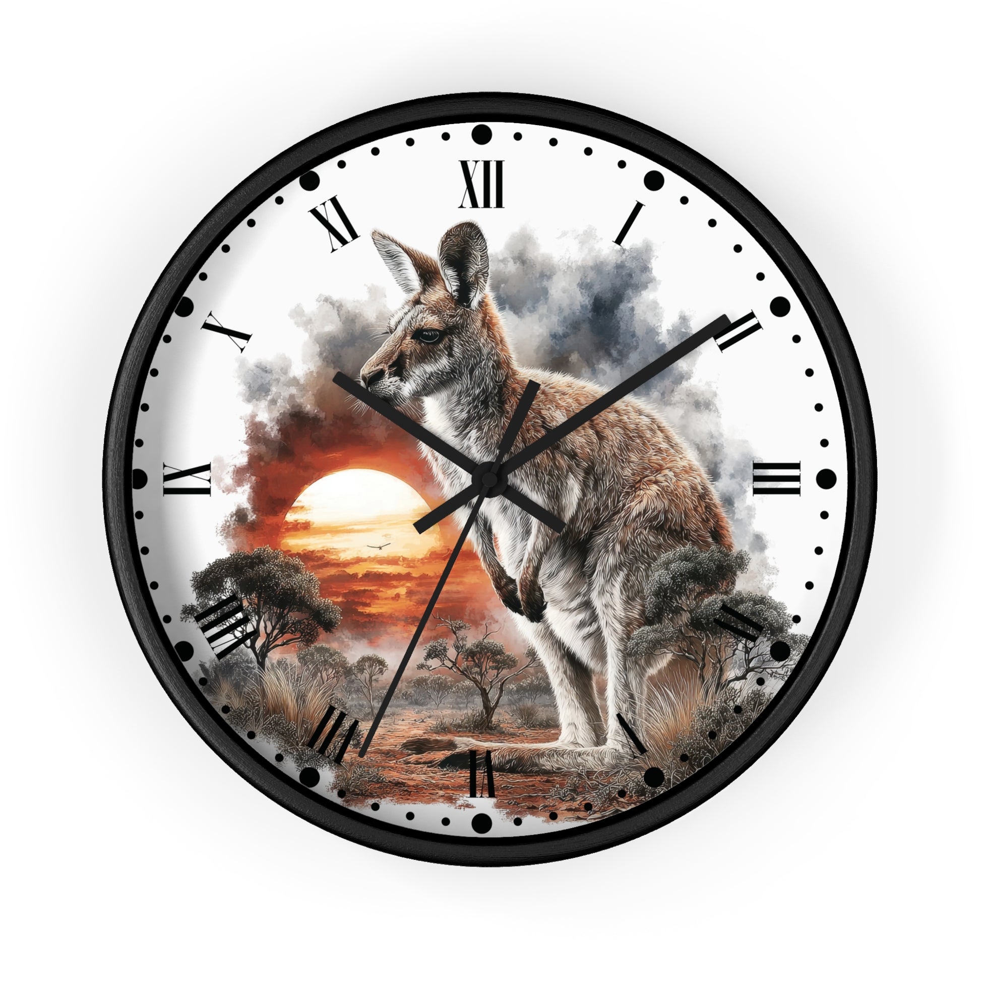 Round wall clock with a black frame and a printed dial showing a kangaroo in an Australian landscape at sunset, with black Roman numerals and hands on a white background.