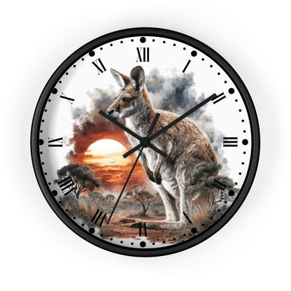 Round wall clock with a black frame and a printed dial showing a kangaroo in an Australian landscape at sunset, with black Roman numerals and hands on a white background.