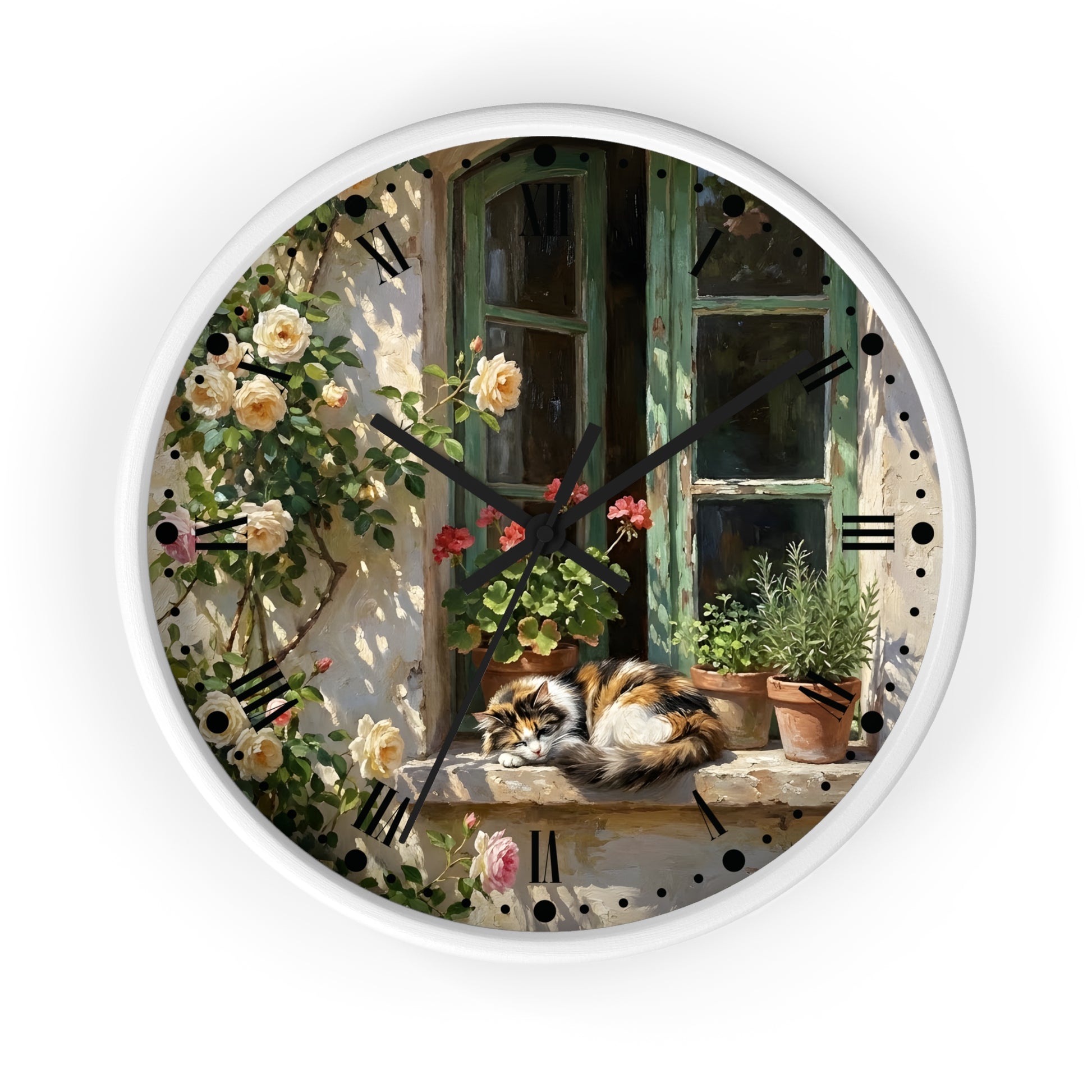Round wall clock with a white frame and a printed illustration of a cat resting on a windowsill beside climbing roses and potted plants, shown against a plain white background.