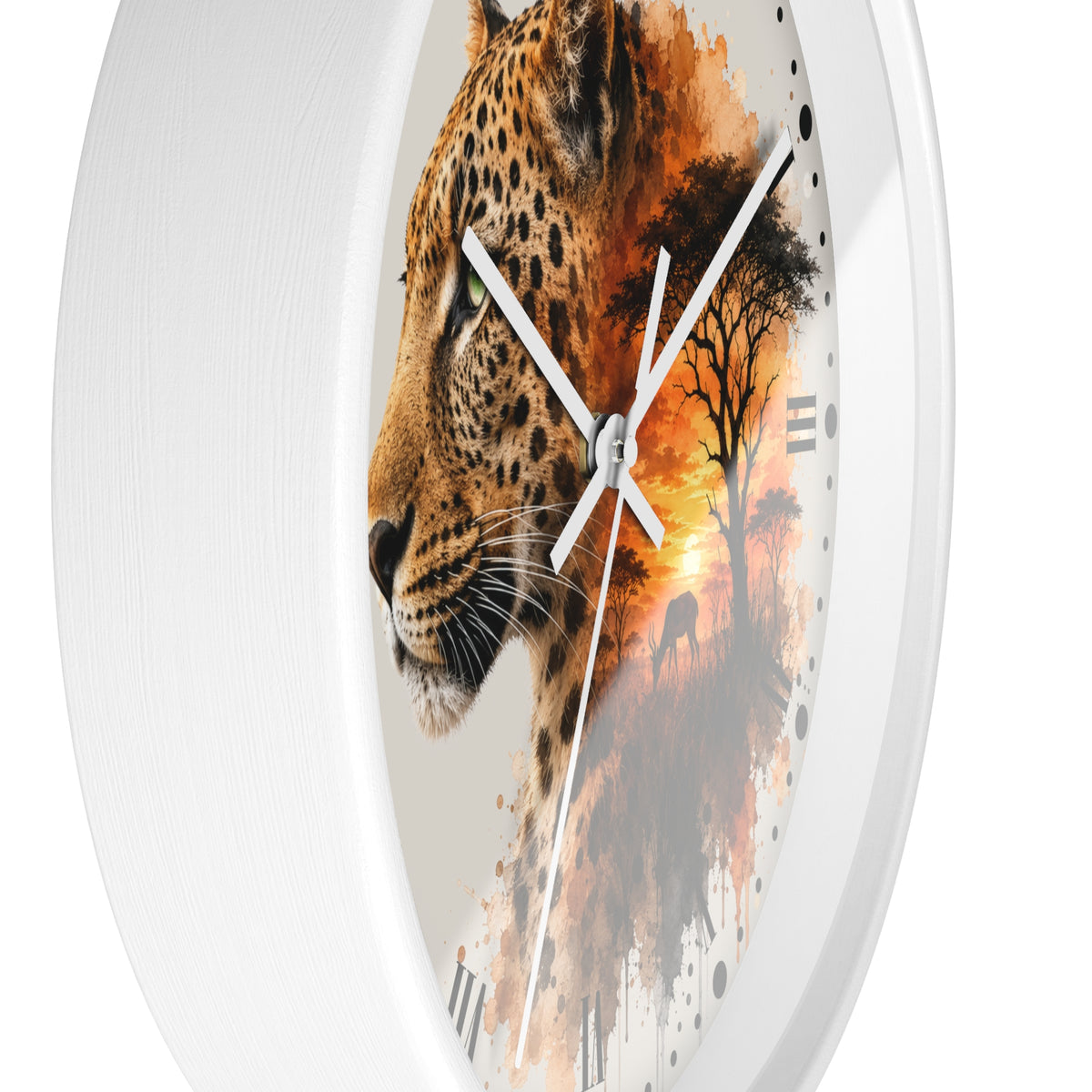 Round wall clock with a white frame and a printed design of a leopard's face blending into an African savanna scene with a tree and sunset, shown against a white background.
