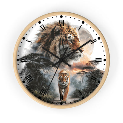 A round wall clock with a light wood frame and a printed safari design featuring a large tiger head at the top, a walking tiger below, black Roman numerals, and black clock hands on a white face.