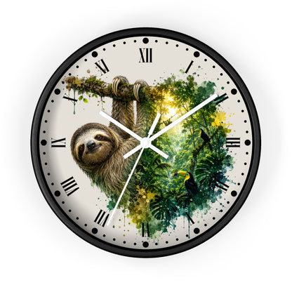 A round wall clock with a black frame and a tropical sloth illustration on the face, featuring Roman numerals and white clock hands against a light background.
