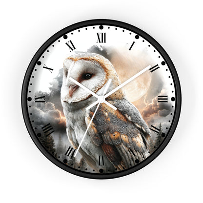 Round wall clock with a black frame and Roman numeral hour markers, featuring a printed barn owl illustration over a cloudy sky and moon background.