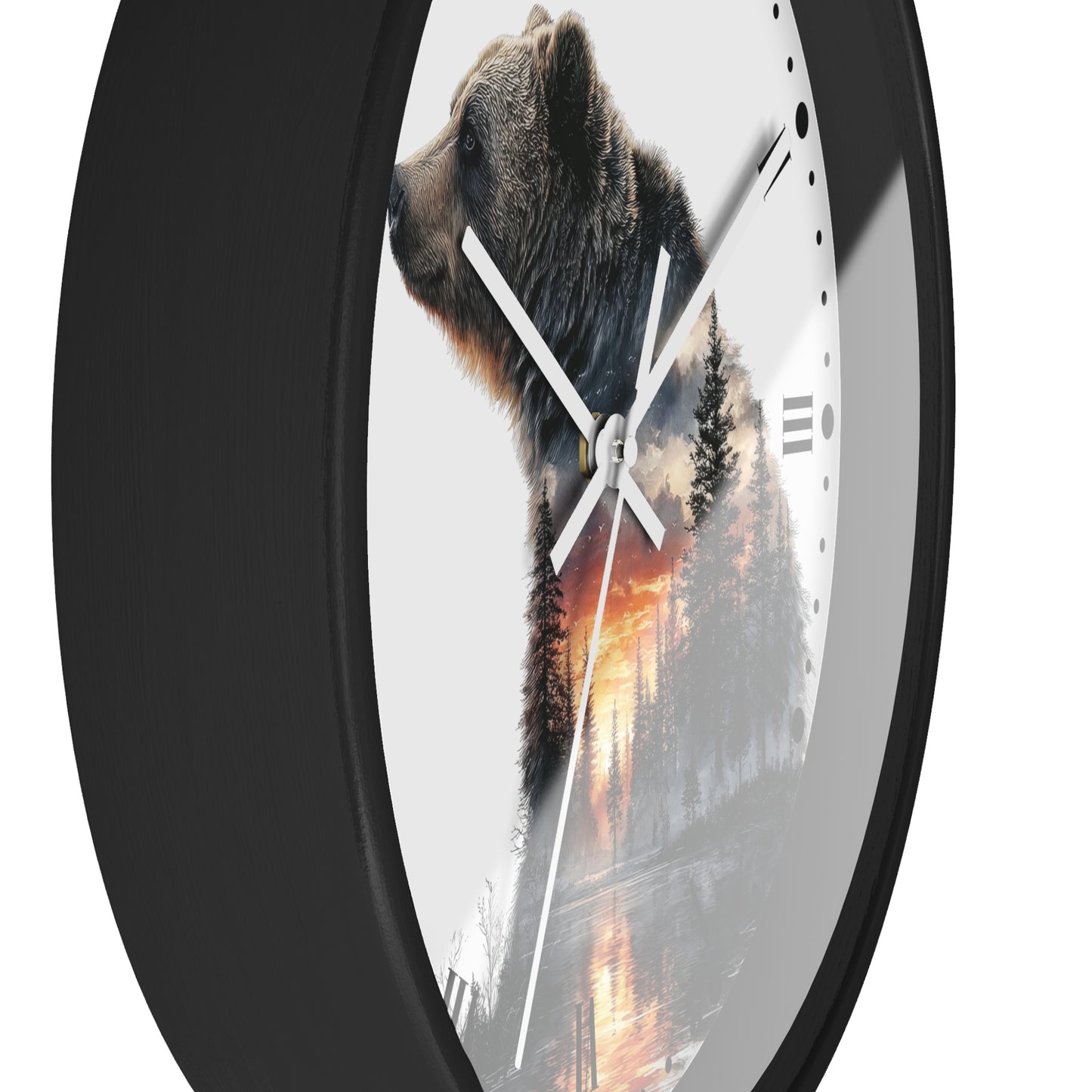 Bear Silhouette Wall Clock — Mountain Sunset Forest Double Exposure Decor