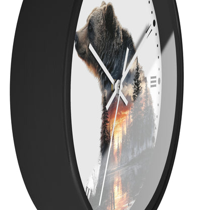 Bear Silhouette Wall Clock — Mountain Sunset Forest Double Exposure Decor