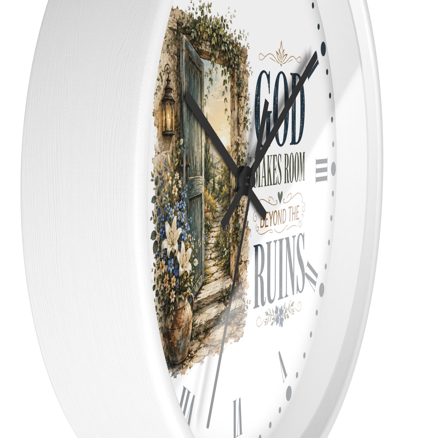 Inspirational Wall Clock — “God Makes Room Beyond the Ruins” Rustic Faith Home Decor