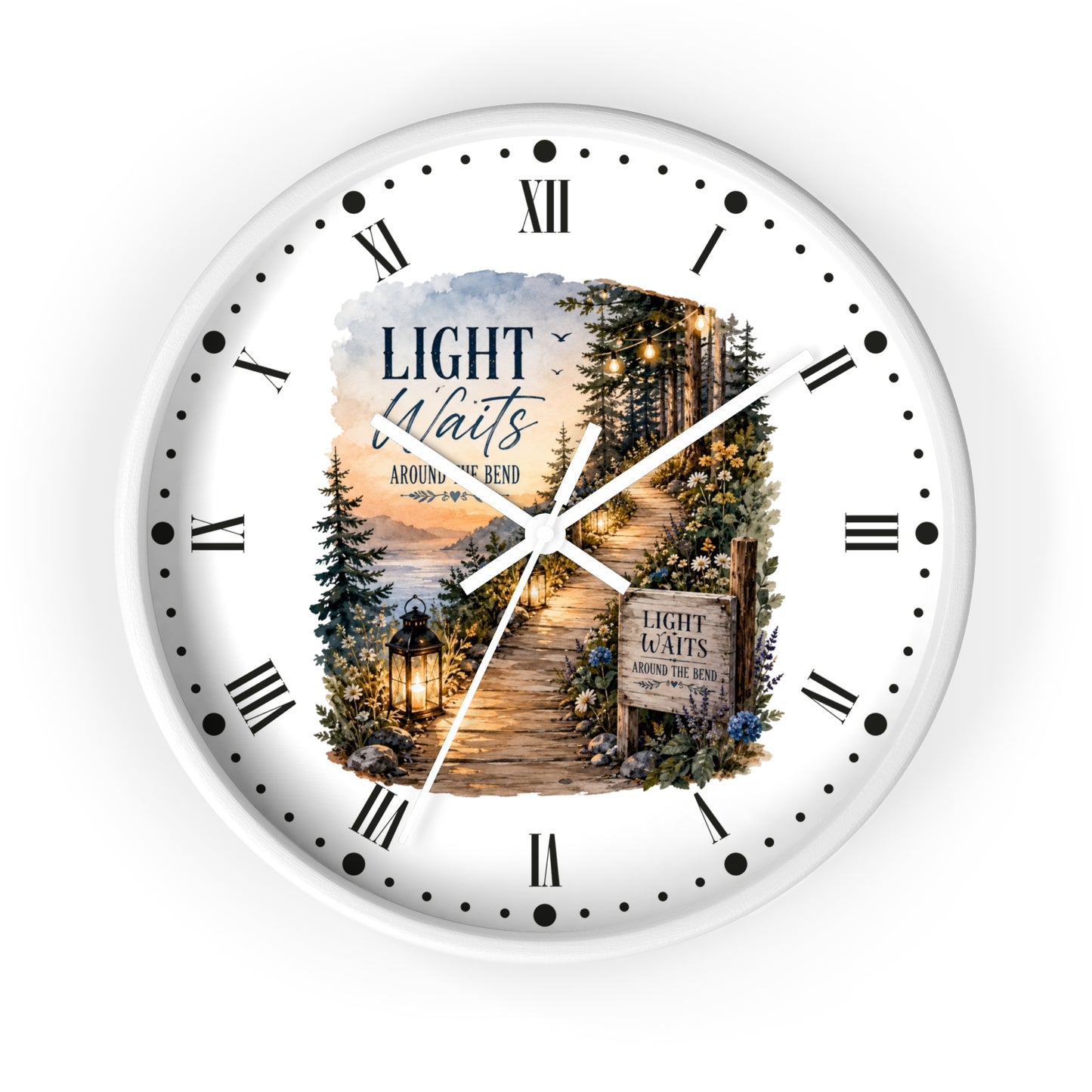 Rustic Lantern Christian Wall Clock — "Light Waits Around the Bend" Bible Verse Decor