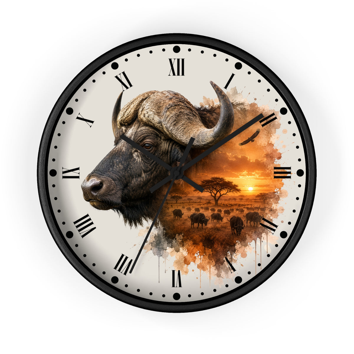 A round wall clock with a black frame and a cream-colored face featuring a watercolor-style illustration of a buffalo on the left and an African savanna sunset scene on the right. The clock uses Roman numerals for the hours and has black hands.