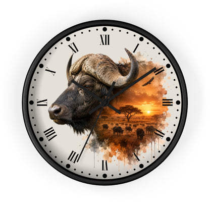 A round wall clock with a black frame and a cream-colored face featuring a watercolor-style illustration of a buffalo on the left and an African savanna sunset scene on the right. The clock uses Roman numerals for the hours and has black hands.