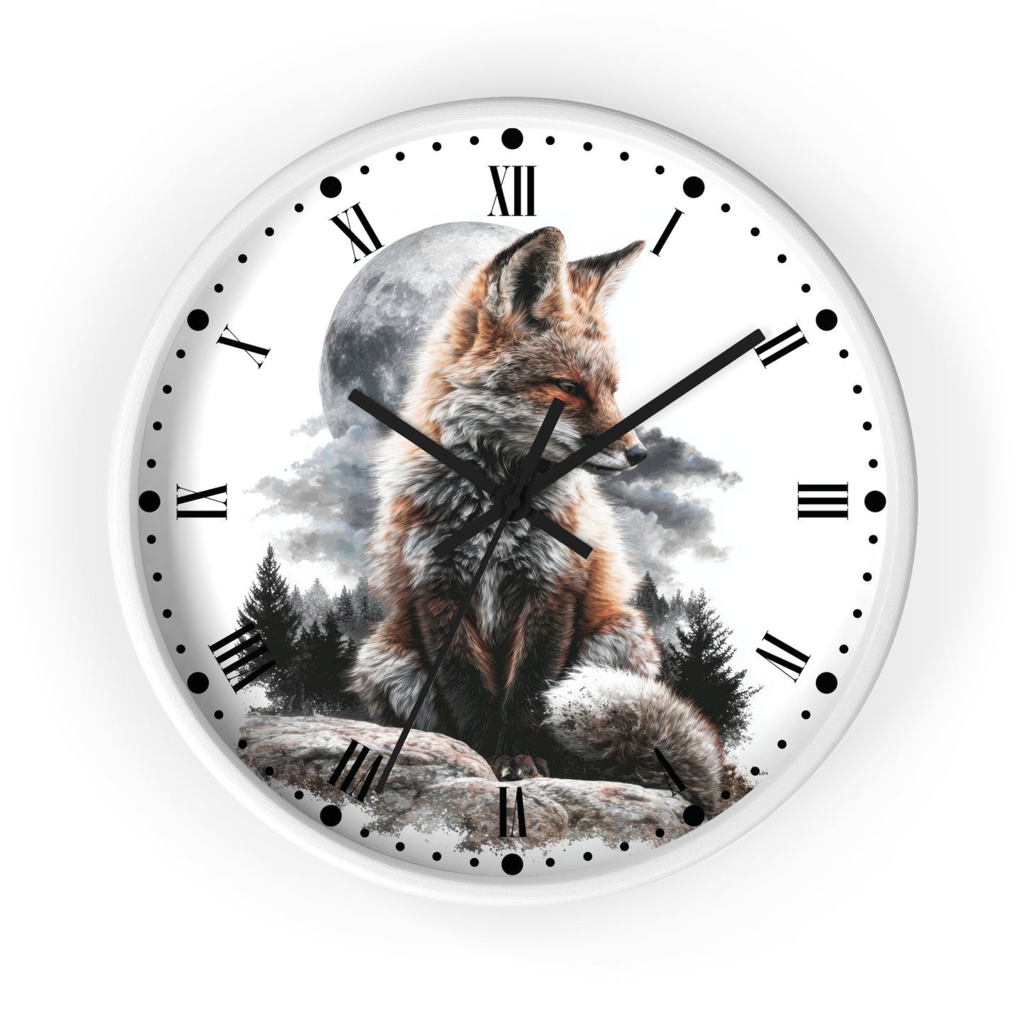 A round wall clock with a white face and black Roman numerals, featuring a detailed illustration of a fox sitting in front of a full moon and dark trees.